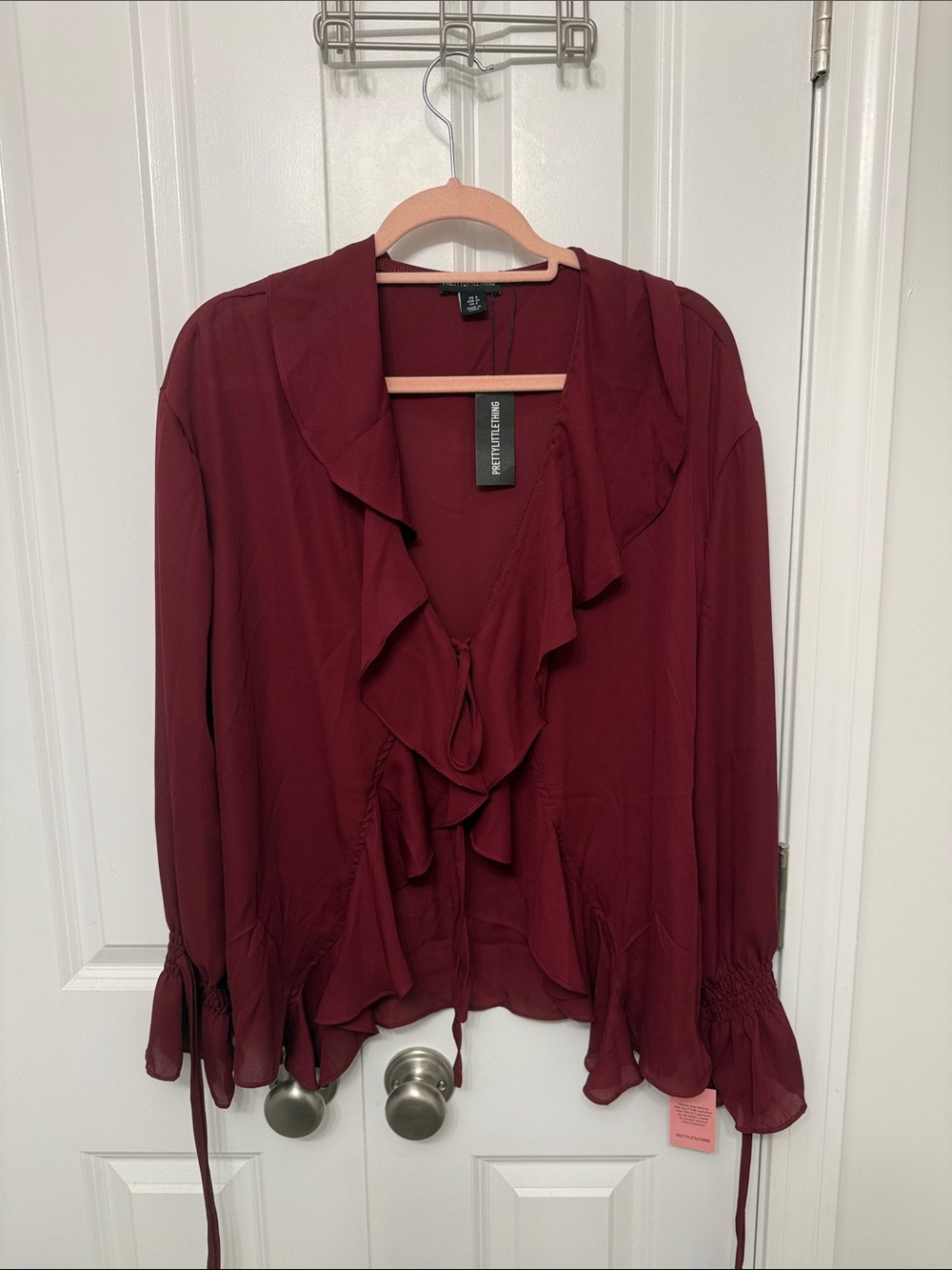 PrettyLittleThing Burgundy Ruffle Tie-Front Blouse